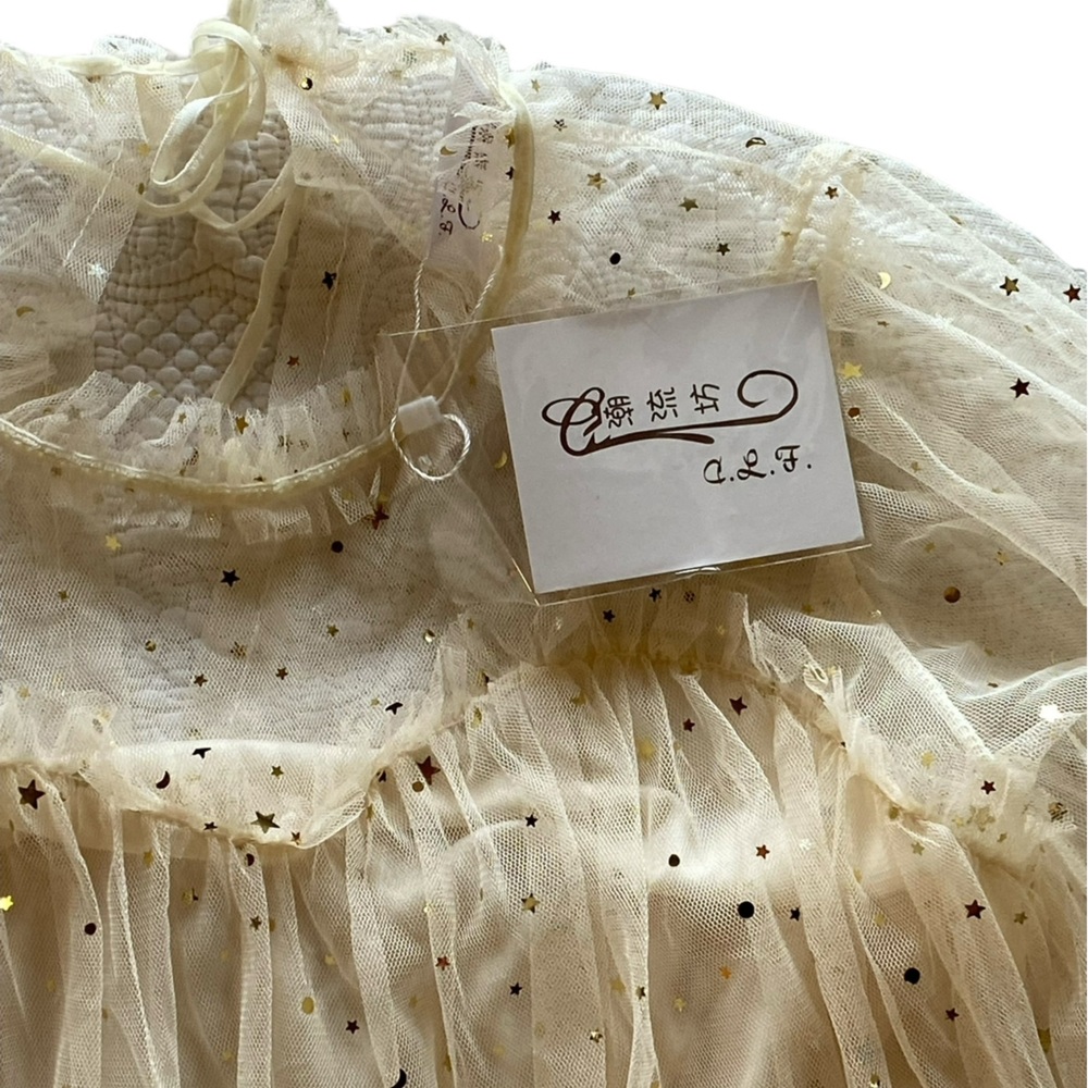Stunning Whimsical Cream Gold Star Sheer Lined Long Sleeves Dress New Condition! - Picture 11 of 14